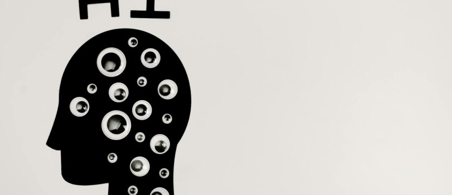 Abstract illustration of AI with silhouette head full of eyes, symbolizing observation and technology.