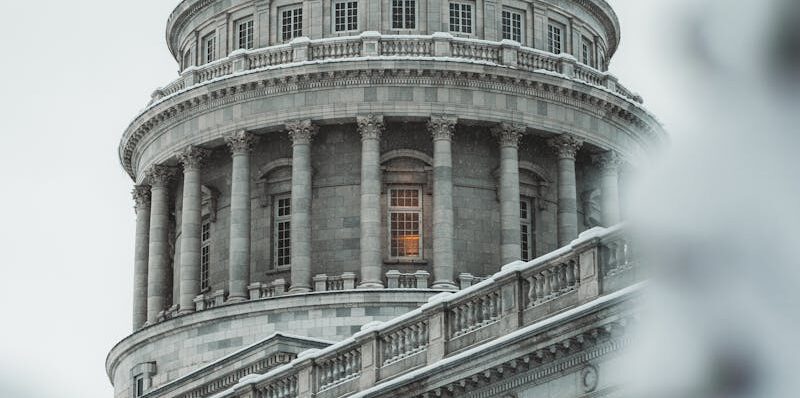 Close-up of a snow-covered Capitol building dome captured in a winter landscape.