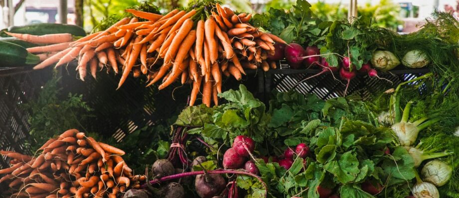 A vibrant display of fresh carrots, radishes, and greens at a local outdoor market.