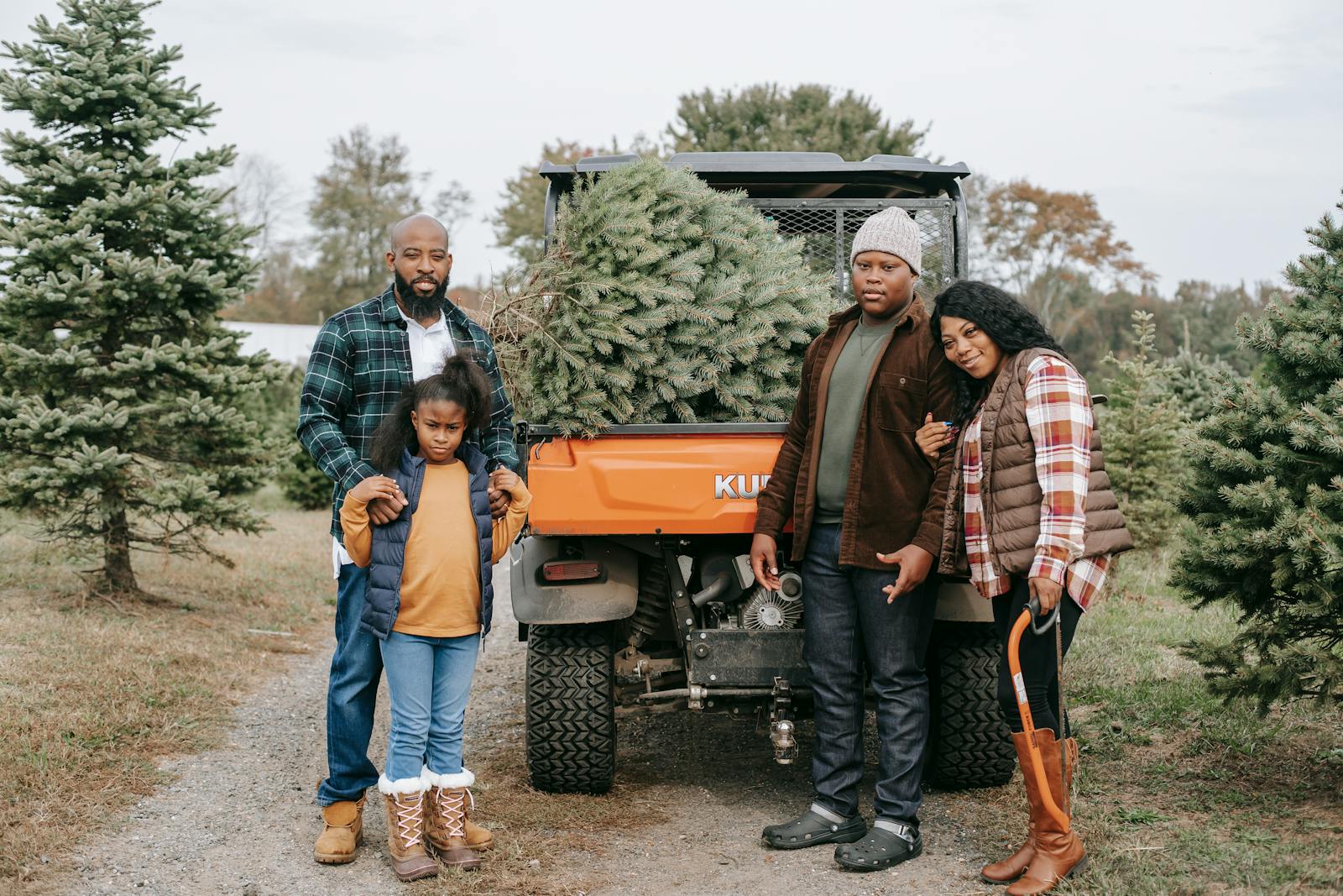 Full body of content African American family looking at camera while standing on farm tree near transport with Christmas tree in trunk